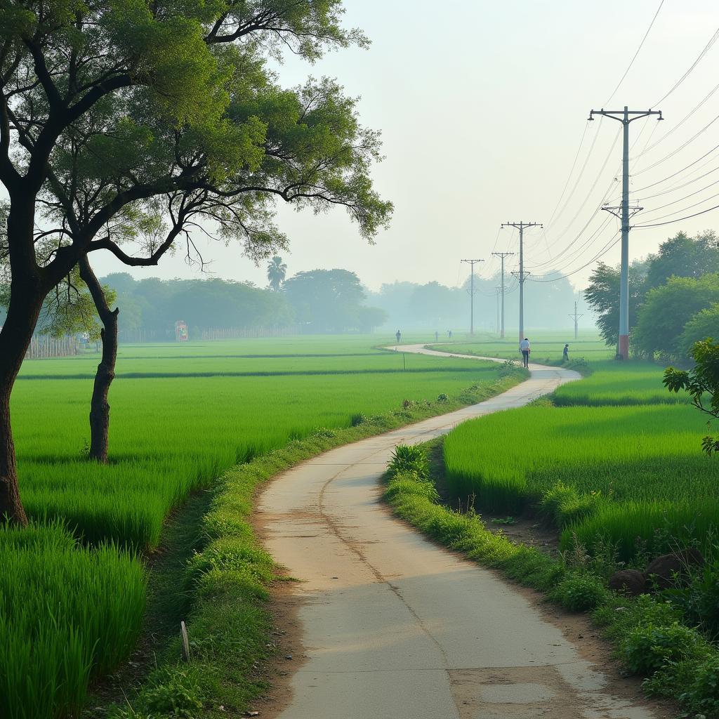Khung cảnh yên bình với cánh đồng lúa và đường làng ở Phường Chương Mỹ.